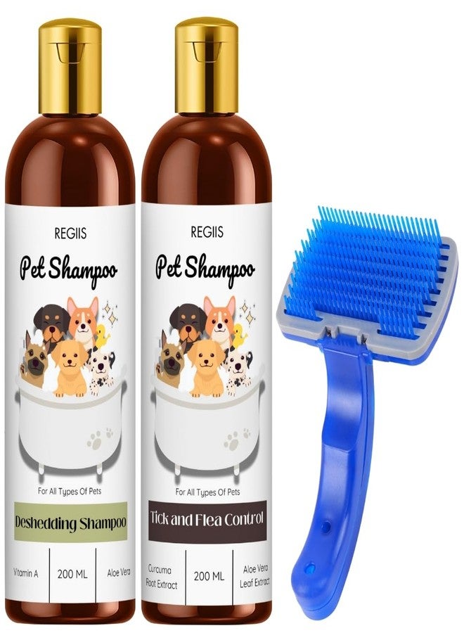 REGIIS Pet Grooming Kit, 200ml Deshedding Shampoo, 200ml Tick & Flea Control Shampoo with Slicker Brush, for All Pets - Image 1